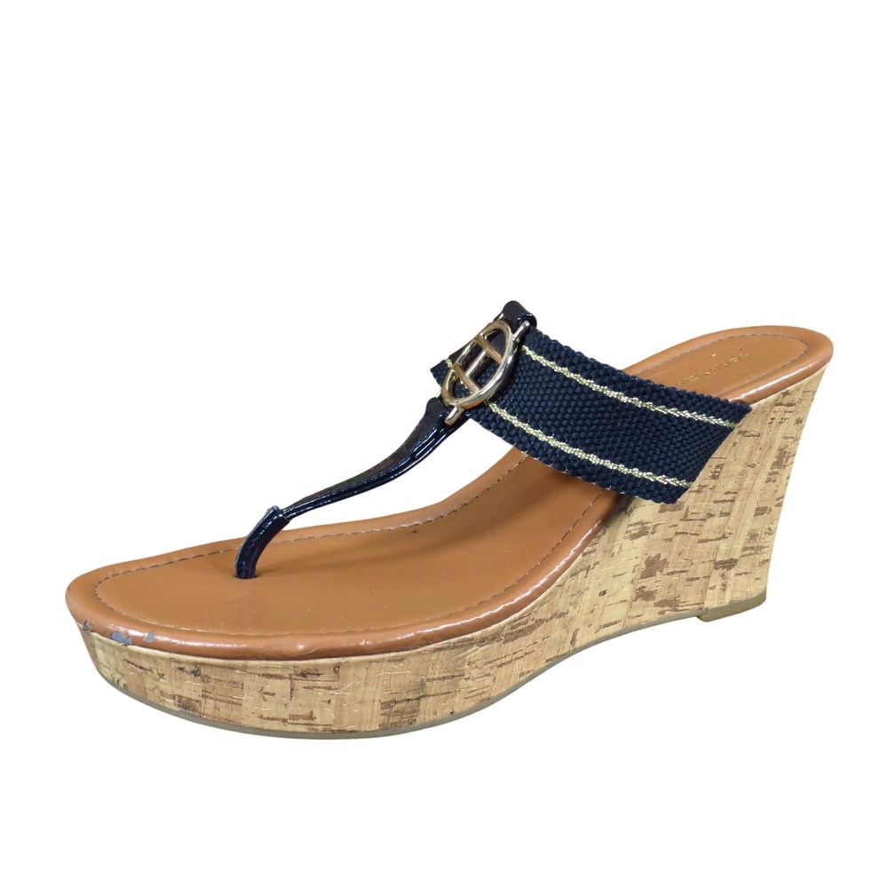 Tommy Hilfiger Magic Women Wedge Sandal Size 8.5 Summer Navy Blue Cork Platform